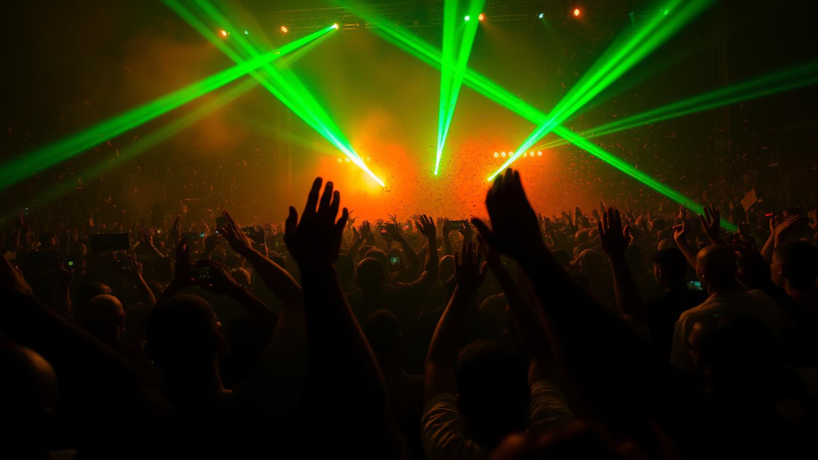 O'Town Rave Party crowd with hands in the air under green and orange lights